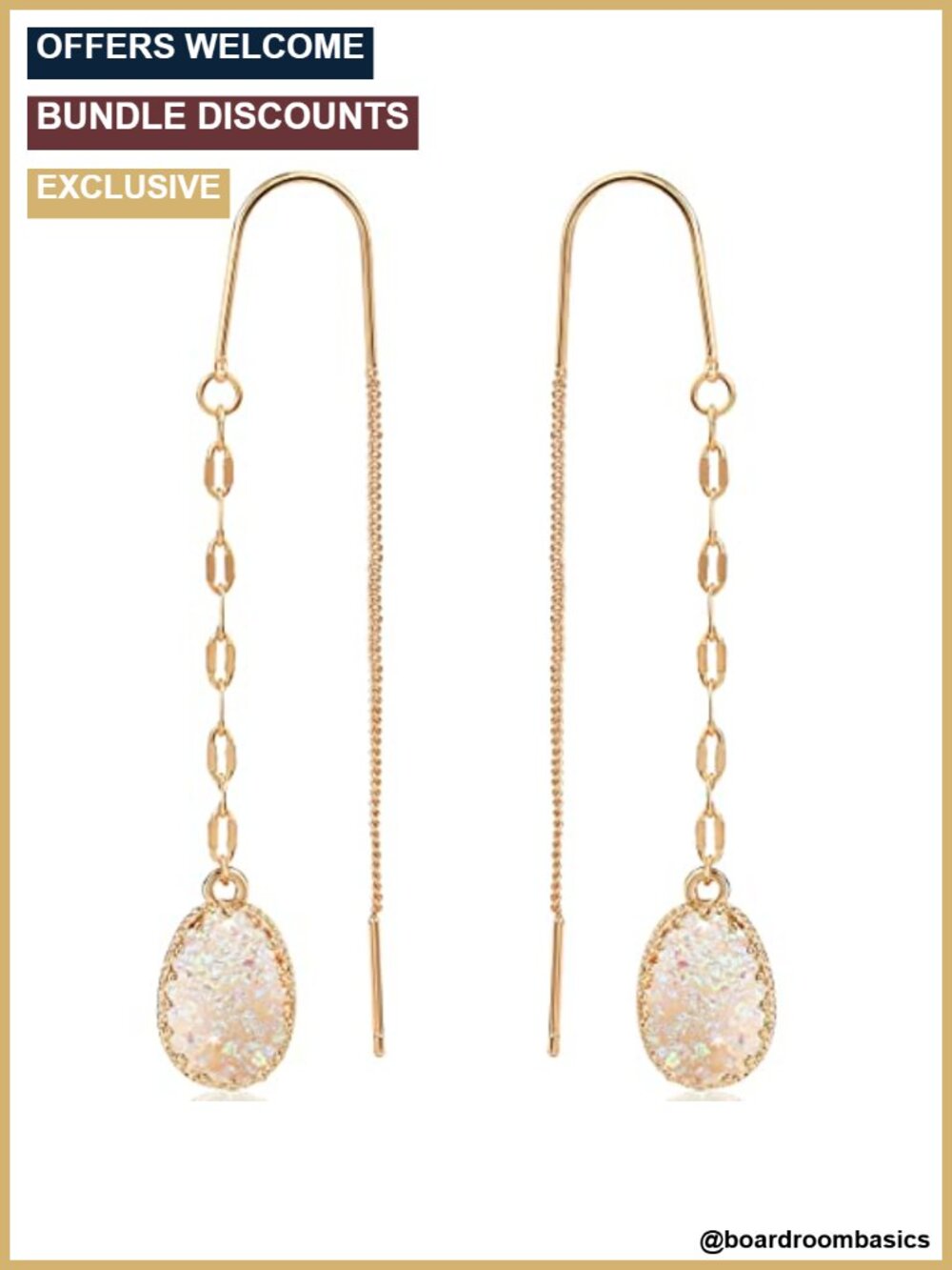 Simulated Druzy Threader Earrings Boho Long Chain Drop Dangle Gold Tone